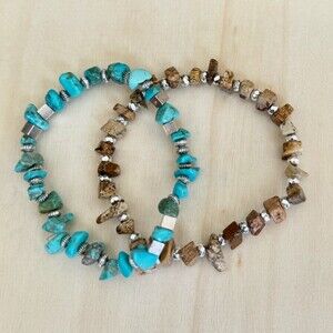 Set of 2 Turquoise Howlite, Silver Tone & Picture Jasper Stretchy Bracelets